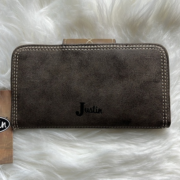 🆕 Justin Boots Ladies Wallet RFID Two-Tone Brown Zipper Magnetic Closure - Picture 2 of 8